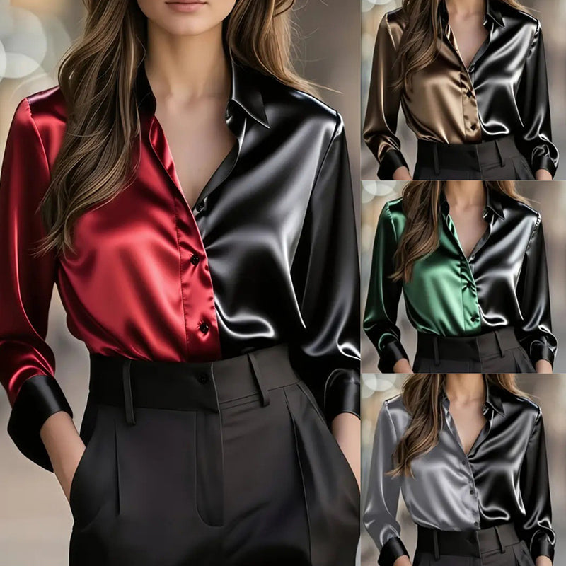Women's Colorblock Long Sleeve Blouse Shirt Button Down Collared Tops