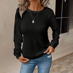 Women's Lace Waffle Knit Blouse, Long Sleeve Crewneck Business Casual Top