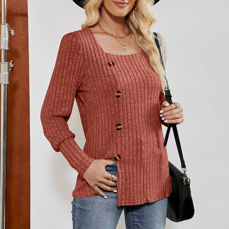 Women's Square Neck Tunic Top - Loose Fit Side Slit Long Sleeve Blouse With Button Decor