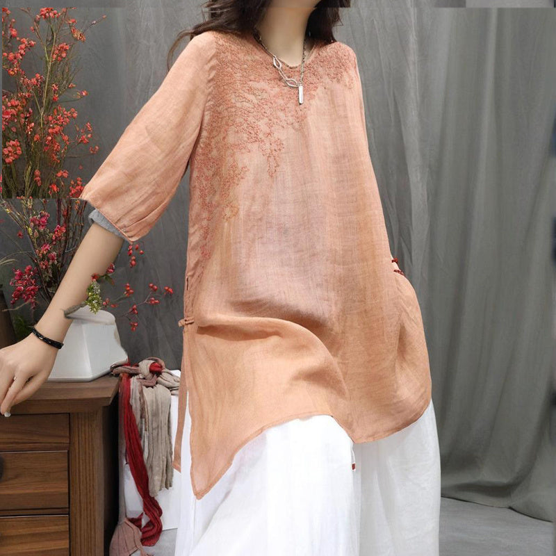 Women's Solid Color Round Neck Embroidered Long Sleeve T-Shirt - Vintage Floral Design Spring Summer Casual Comfort