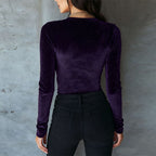 Women's Sexy Solid Color Velvet V-Neck Top, Sequin Detail Long Sleeve Blouse For Layering And Holiday Wear