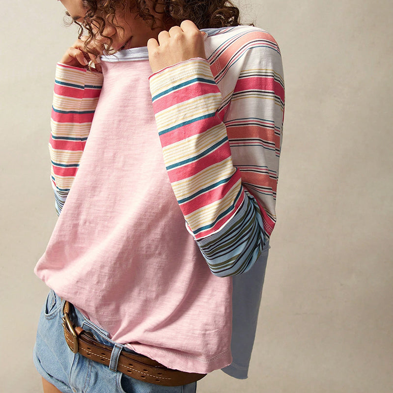 Women's Striped Long Sleeve Top Round Neck Pullover With Unique Patchwork Design For Spring&Fall