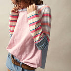 Women's Striped Long Sleeve Top Round Neck Pullover With Unique Patchwork Design For Spring&Fall