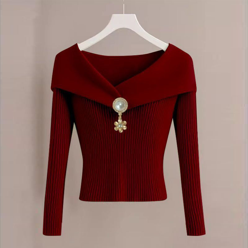 Women's French Style V-Neck Top, Embellished Detail Long Sleeve Knit Blouse For Spring And Fall