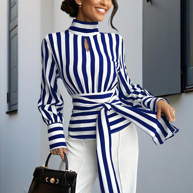 Elegant Women's Striped Tie-Waist Blouse, High Neck Long Sleeve Shirt With Cut-Out Detail