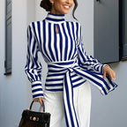 Elegant Women's Striped Tie-Waist Blouse, High Neck Long Sleeve Shirt With Cut-Out Detail