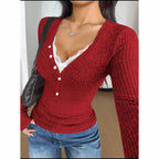 Women's Lace V-Neck Top, Long Sleeve Slim Fit Spring Fall Shirt