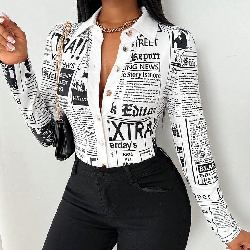 Women's Long Sleeve Casual Shirt - Spring&Fall Slim Fit Printed Blouse With Single Button Placket