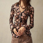 Women Button Down Floral Shirts 2025 Fall Trendy Long Sleeve V Neck Ruched Fitted Blouse Tops