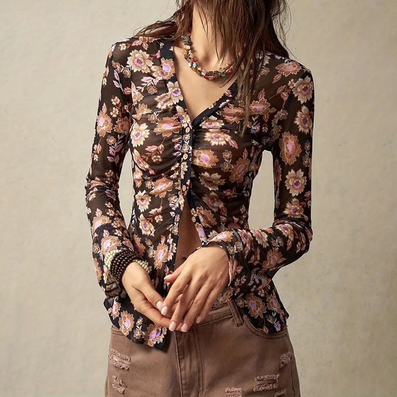 Women Button Down Floral Shirts 2025 Fall Trendy Long Sleeve V Neck Ruched Fitted Blouse Tops