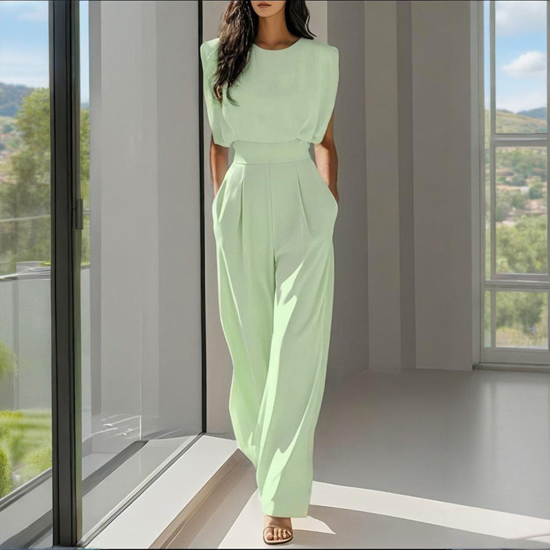 Women's Solid Color Round Neck Short Sleeve Wide-Leg Jumpsuit With Waist Design & Pockets Casual Romper For Spring&Summer