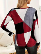 Autumn And Winter New Fashion Color-block Print Long Sleeve Crew Neck T-shirt