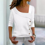 Women's Asymmetric Collar Buckle Solid Color Casual Long Sleeves Top