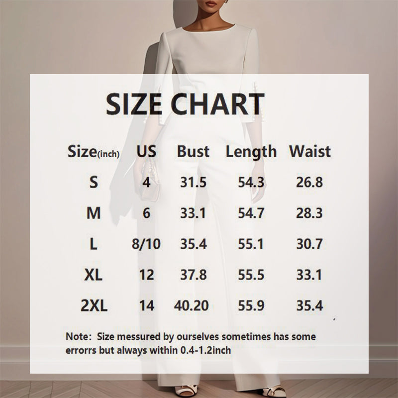 Women's Elegant Round Neck Jumpsuit - Mid-Sleeve With Side Slit Cuffs & Pearl Accents, Back Zipper Design For Casual To Formal Events