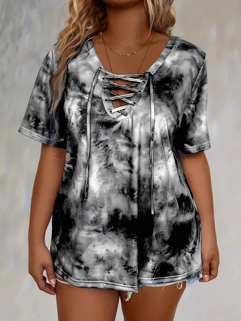Self-pick-up Women's Tie Dye Printed Drawstring Casual Fashion Short Sleeve T-Shirt Only Self-pickup Is Supported