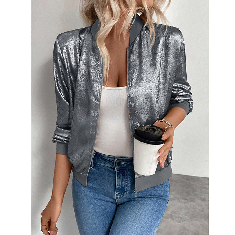 Women's Leopard Print Zip Up Lightweight Bomber Jacket Casual Long Sleeve Outerwear