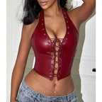 Women's Punk PU Halter Top Grommet Eyelet Tie Front Corset Crop Top