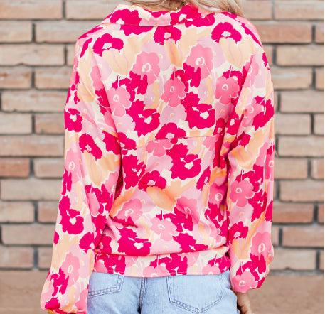 Blooming Floral Print Puff Sleeve Buttoned Shirt