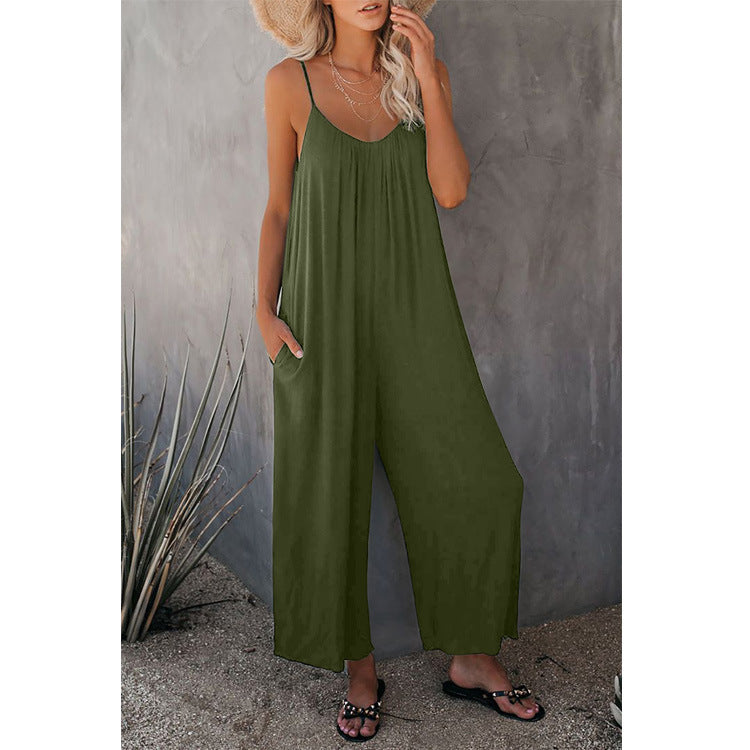 Women's Fashion Solid Color Pocket Loose Casual Sling Jumpsuit