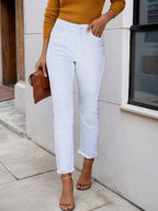 Women's New Fringed Pure White Jeans, Blended Fabric, Slim Fit Fringed Design, Beveled Pocket, Suitable For Outdoor Work, Can Be Worn All Year Round