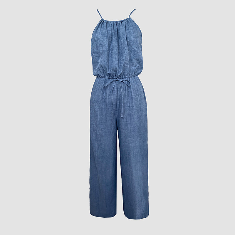 Women's Elegant Sleeveless Solid Color Jumpsuit - Wide Leg With Drawstring Waist, Shoulder-Baring Style For Spring&Summer