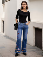Ladies' High Waisted Slim Fit Bell Bottom Pants With Floral Embroidery Details, Lightweight And Comfortable Material - Breathable Elastic Denim Wide Leg Pants, The Best Choice For Elegant Fashion And