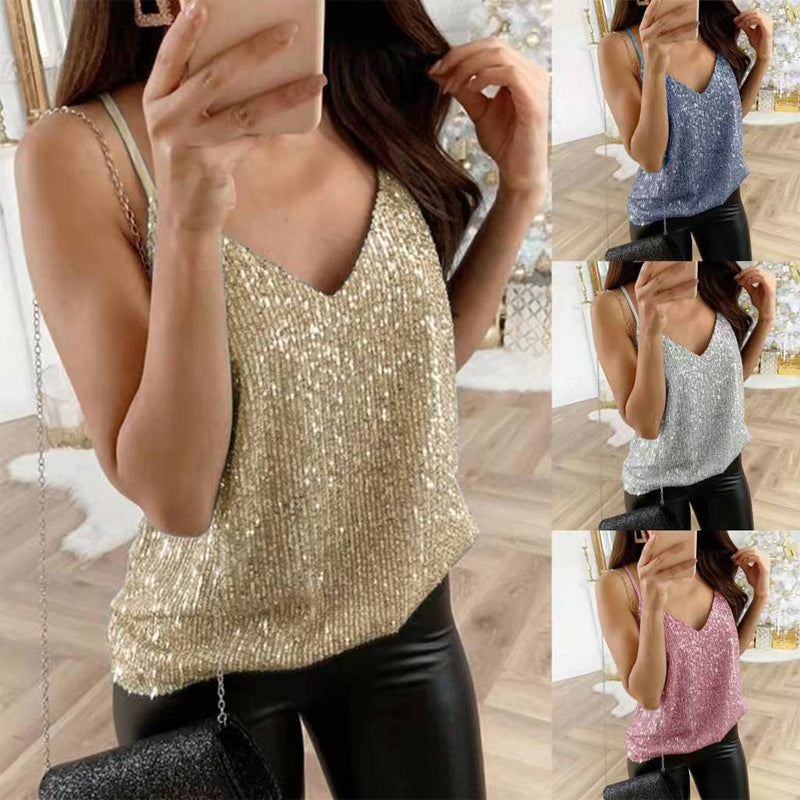 Plus Size Women's Sequin Tank Top, Y2K Style V-Neck Sleeveless Spaghetti Strap Top For Everyday Wear