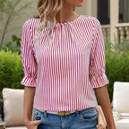 Women's Solid Color Casual Back Button Shirt - Round Neck Striped Summer Top, Breathable Blouse For Relaxed Wear
