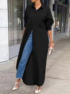 Women's Solid Button Design Longline Shirt, Casual Long Sleeve Outerwear For Daily Wear, Ladies Clothes For All Seasons, Top