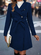 Ladies' Mid-length Solid Color Belt Coat, Casual Commuting Elegant Versatile Autumn And Winter Outerwear, Stand Collar Single-button Long Sleeve Coat.