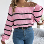 Women's Off The Shoulder Sweater - 2025 Fall Winter Striped Long Sleeve Pullover Top