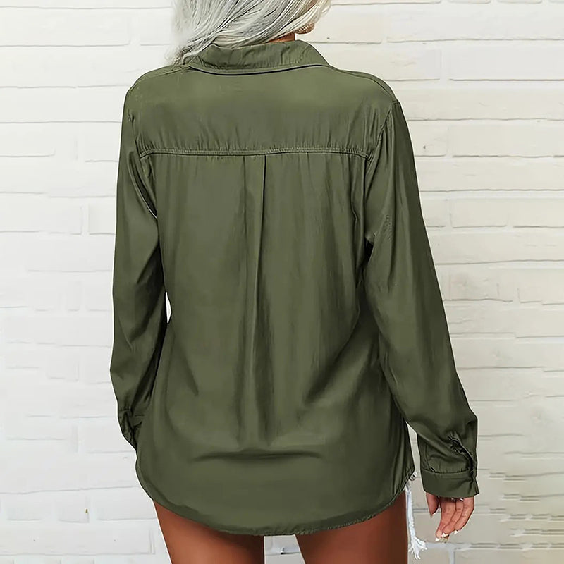 Women's Solid Color Lapel Long Sleeve Shirt Classic Button-Down Blouse With Chest Pocket For Spring And Fall