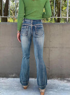 Women's Vintage High Waist Flare Jeans, Retro Paneled Bootcut Denim With Double Button Closure, Flattering Wide Leg Pants