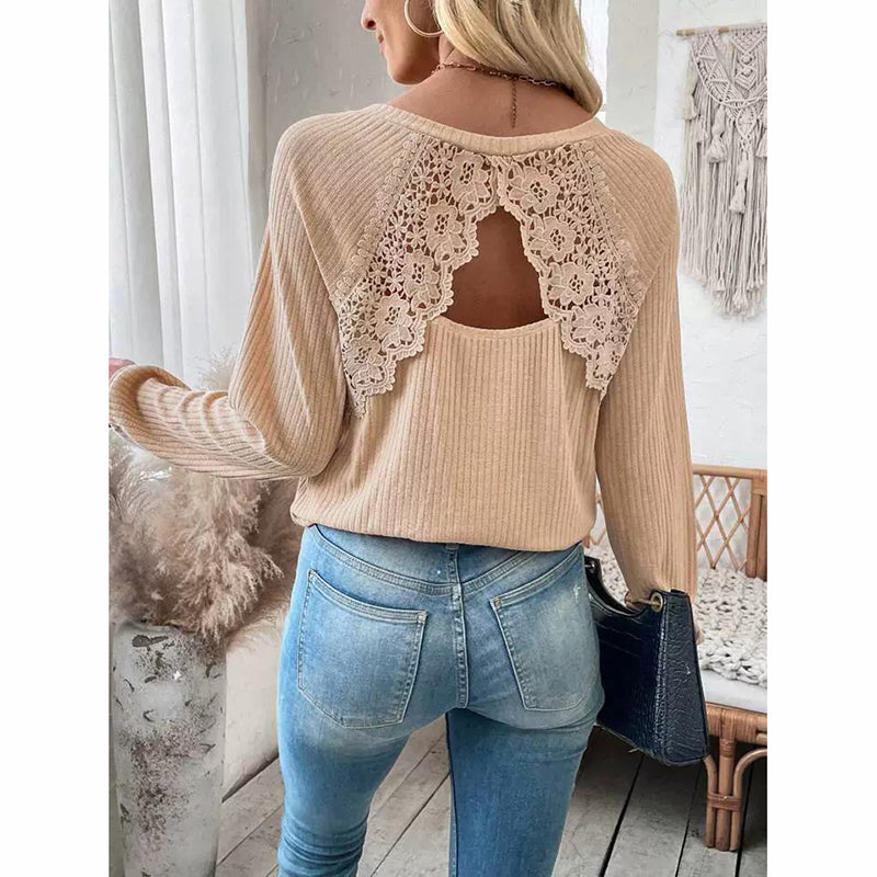 Women's Lace Open Back Top Long Sleeve V-Neck Dressy Casual Shirt For Fall