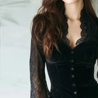 Women's Velvet & Lace Trim Top V-Neck Long Sleeve Blouse With Button Accent For Autumn And Winter
