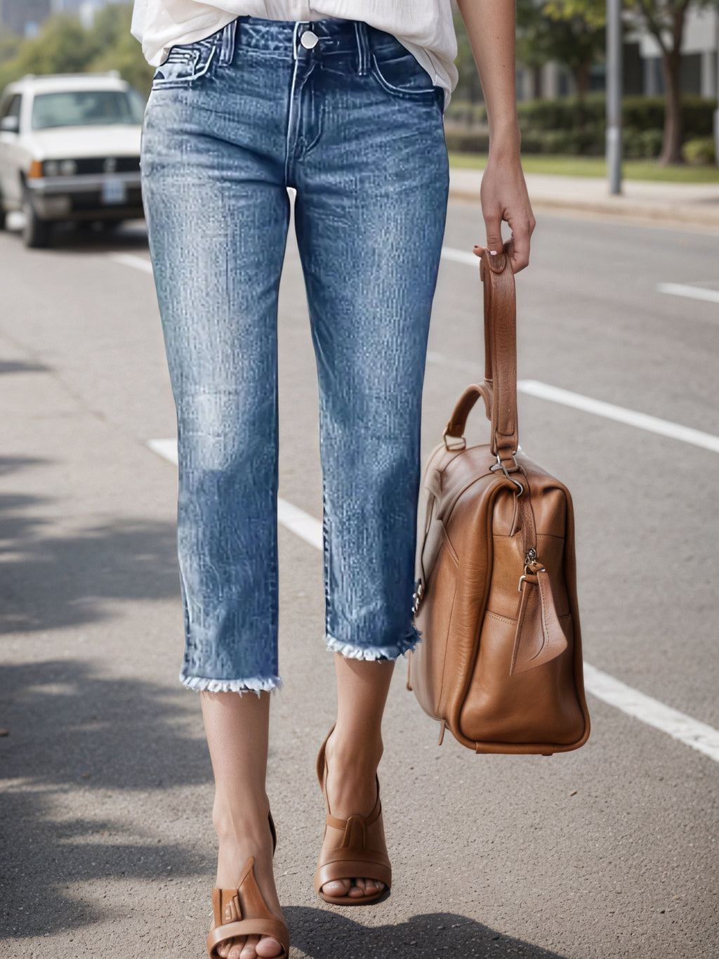 2025 Women's Denim Pants, Fringed Hems, Built-in Zipper Closure Straight Leg Jeans, Women's Cropped Jeans