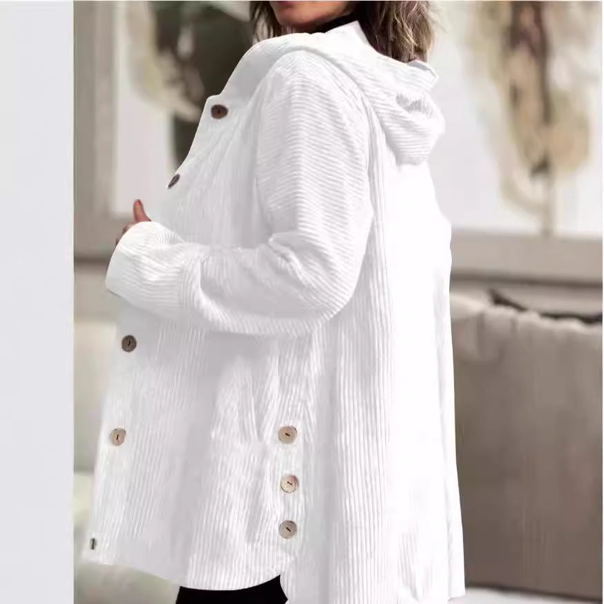 Women's Corduroy Hooded Jacket Fashion Warm Pockets Button Mid-length Top Casual Fall Winter Outwear Clothing