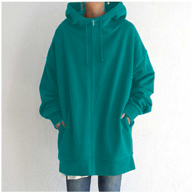 Oversized S-5XL Women Loose Hooded Coats Autumn Female Tie Collar Long Sleeve Zipper Up Add Velvet Long Sweatshirt