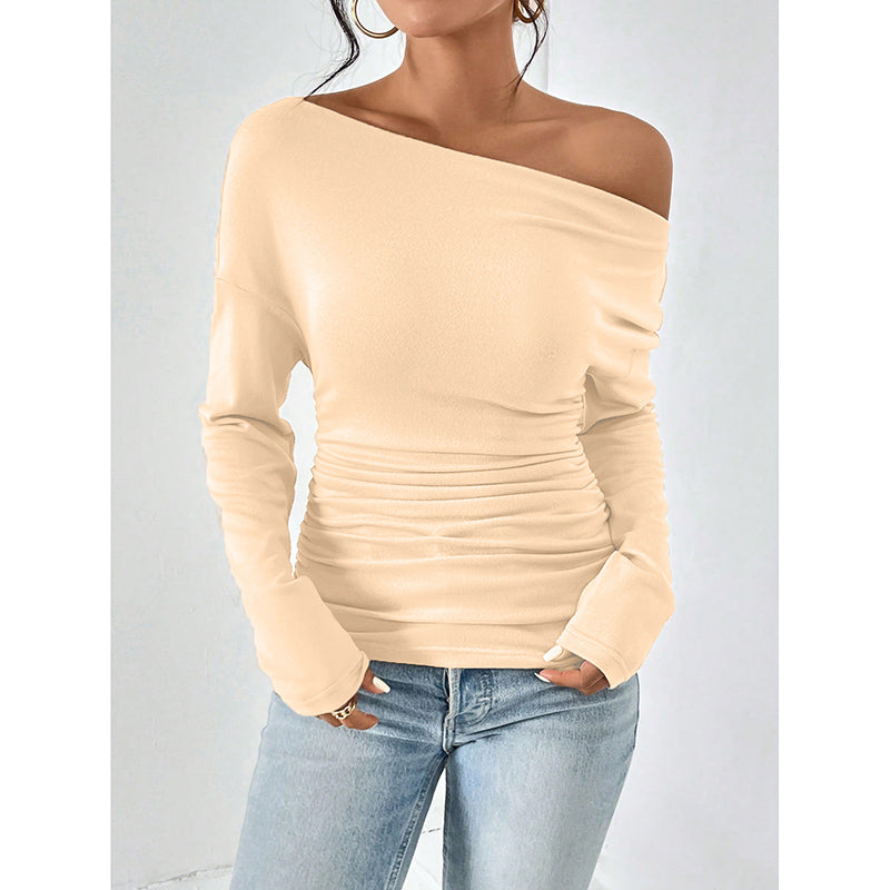Women's Off The Shoulder Tops Long Sleeve T Shirts Going Out Tops Casual Trendy Ruched Slim Fitted Tees