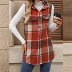Women's Plaid Print Vest With Lapel Collar Long Sleeveless Button Front Mid-Length Jacket For Spring And Fall Layering