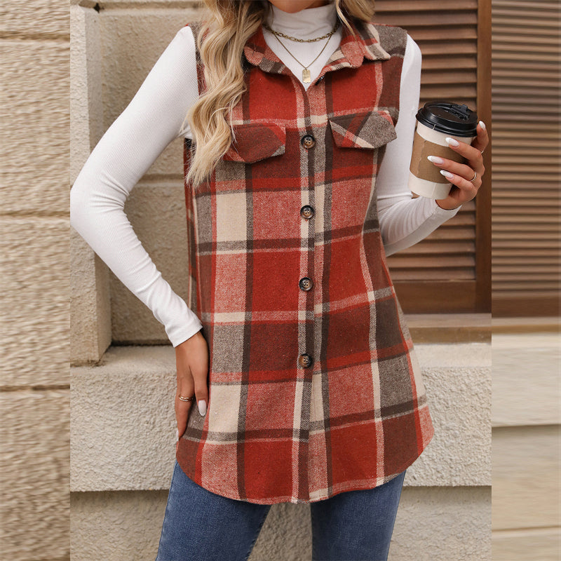 Women's Plaid Print Vest With Lapel Collar Long Sleeveless Button Front Mid-Length Jacket For Spring And Fall Layering