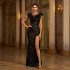 Elegant Round Neck Sequins Slim-fit Sheath Slit Evening Dress