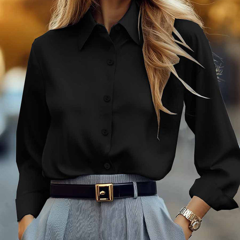 Plus Size Women's Solid Color Lapel Long Sleeve Shirt, Classic Button-Down Blouse For Office And Formal Wear
