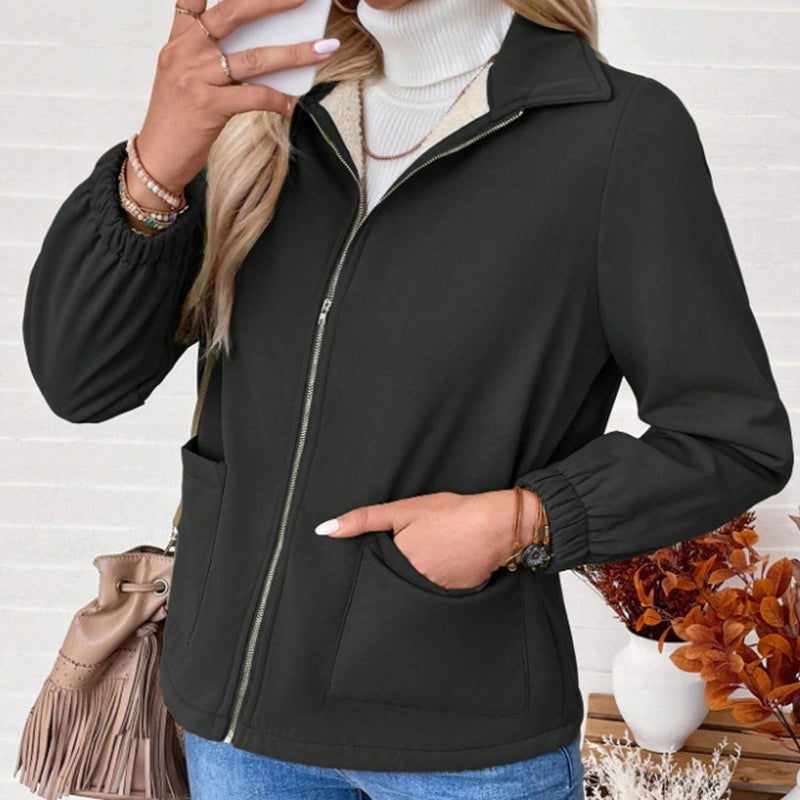 Women's Solid Color Fleece Jacket, Lapel Collar Cuff Sleeve Zip-Up Coat With Pockets For Casual Winter Wear