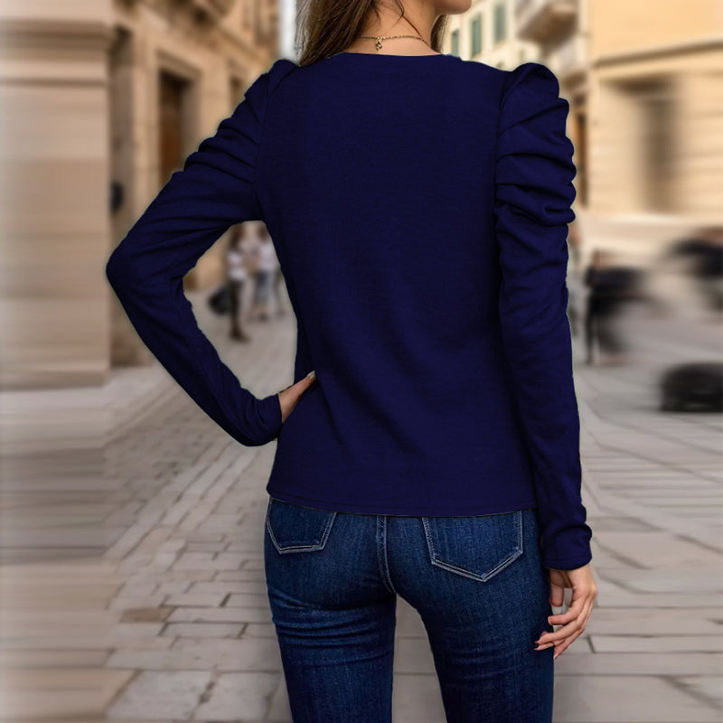 Women's Elegant Puff Sleeve Top, Ruffle Detail Long Sleeve Knit Blouse For Autumn And Winter