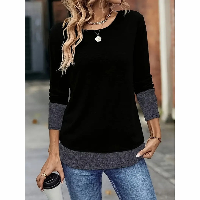 Women's Color Block Crewneck Tee, Long Sleeve Casual Basic Top