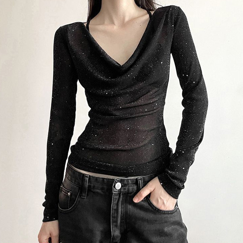 Women's Sparkly Mesh Top - Long Sleeve See Through Sexy Blouse For Party & Club