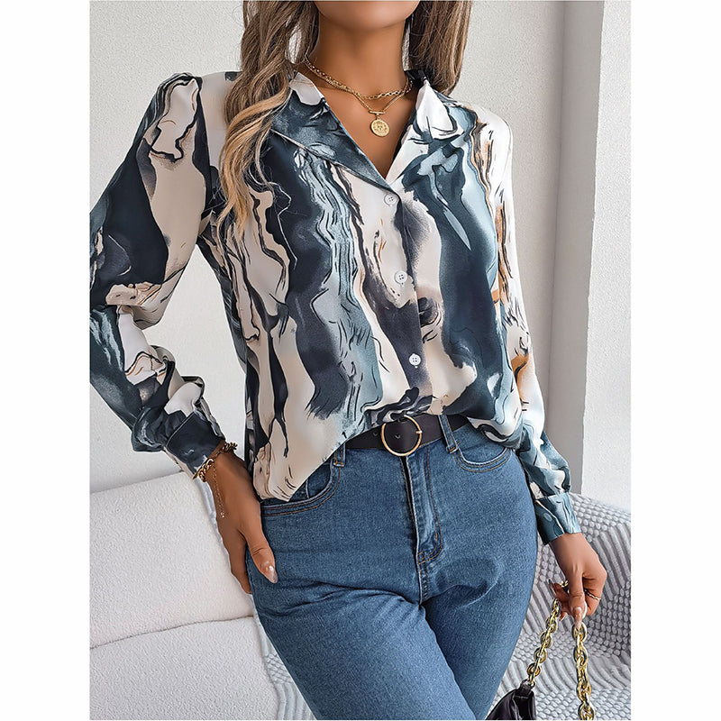 Women Fashion Button Down Shirts V Neck Printed Long Sleeve Blouses Dressy Casual Fall Tops