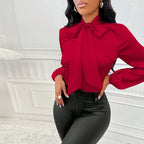 Women's Elegant Satin Blouse With Tie Neck, Ruffle Detail Long Sleeve Pullover For Spring And Fall Formal Wear