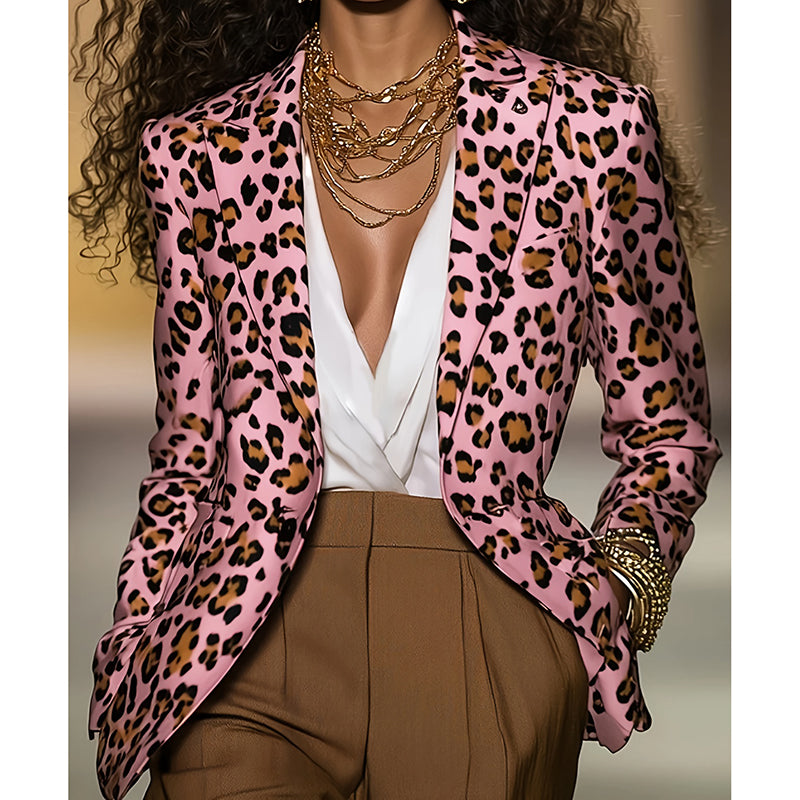 Women's Pink Leopard Blazer Long Sleeve Button Front Notch Lapel Jacket For Casual Office Work Wear